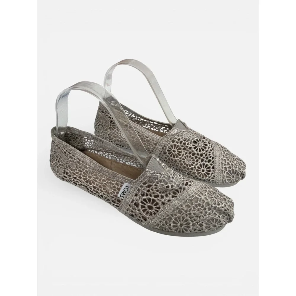 TOMS Gray Crochet Lace‎ Classic Alpargata Slip On Shoes Womens 7.5
